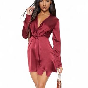 PrettyLittleThing Dress Sz 12 Burgundy Satin Knotted Wrap Front Special Events